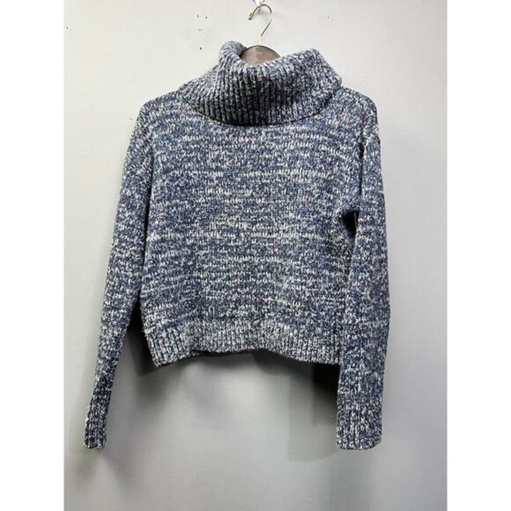 Lou & Grey Cropped Sweater Womens Small‎ Turtleneck Wool Blend Blue Marled